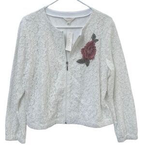ADIVA White Lace Zip Jacket with Rose Appliqué Women’s Sz L NWT